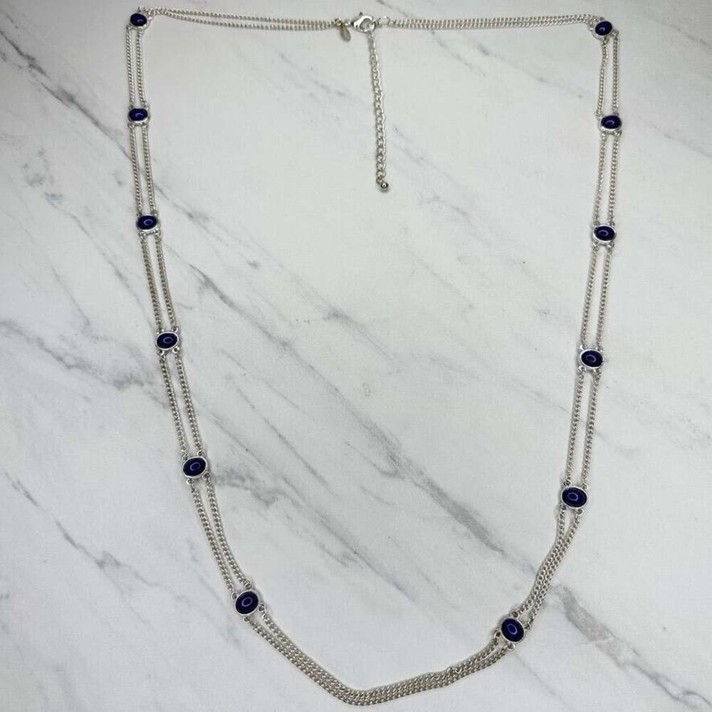 Chico's Blue Cabochon Station Double Strand Silver Tone Long Necklace ✨